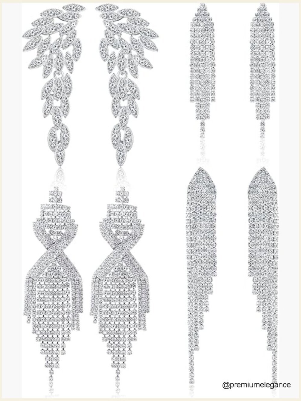 4 Pairs Sparkly Rhinestone Tassel Chandelier Dangle Clip On Earrings Set for